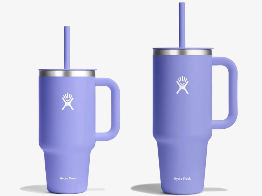 two purple hydro flask tumblers