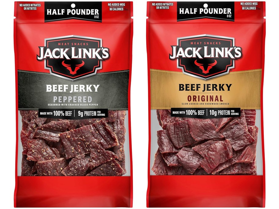 two bags of Jack Link's Beef Jerky in peppered and original flavors