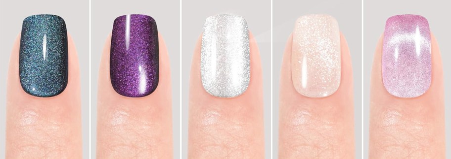 5 fingers showing the different color nails in a set