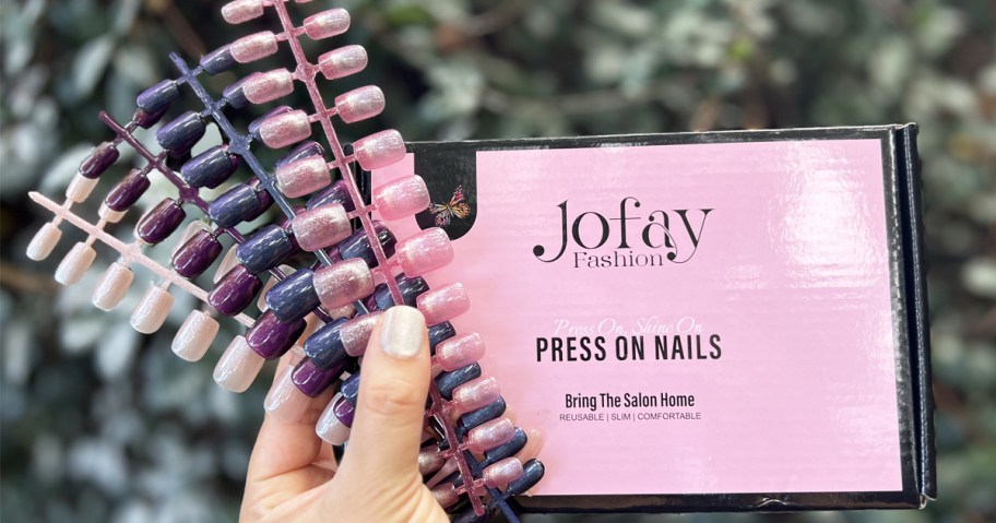 hand holding up box and sets of Jofay Press On Nails