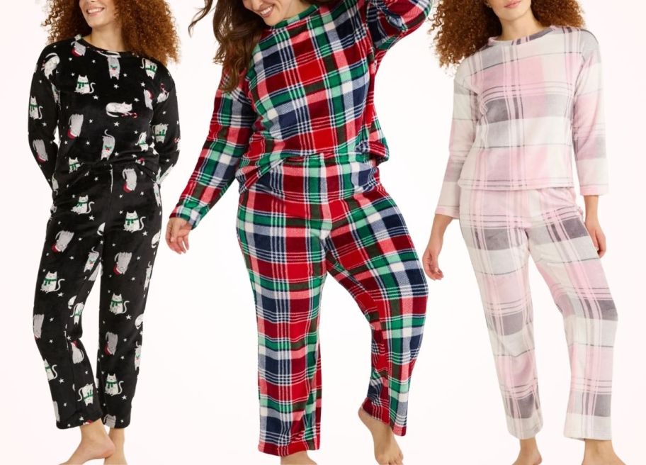 3 women in 2-piece minky pajama sets stock image