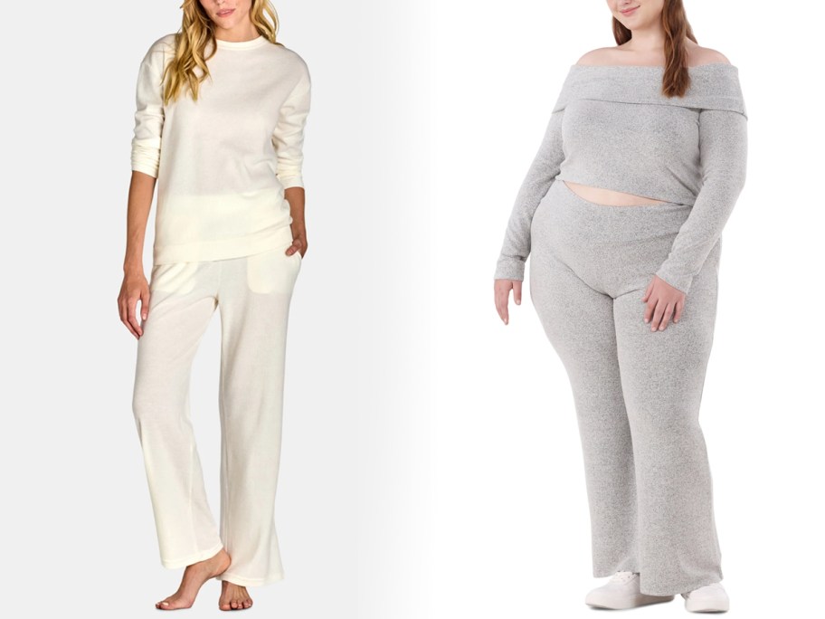 Lissome Women’s Brushed Ribbed Oversized Top and Pants Lounge Set and No Boundaries Off-The-Shoulder Top & Straight-Leg Pants Set