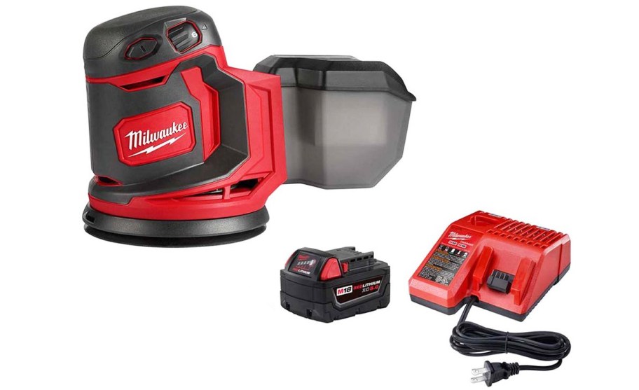 red and black orbital sander with battery and charger