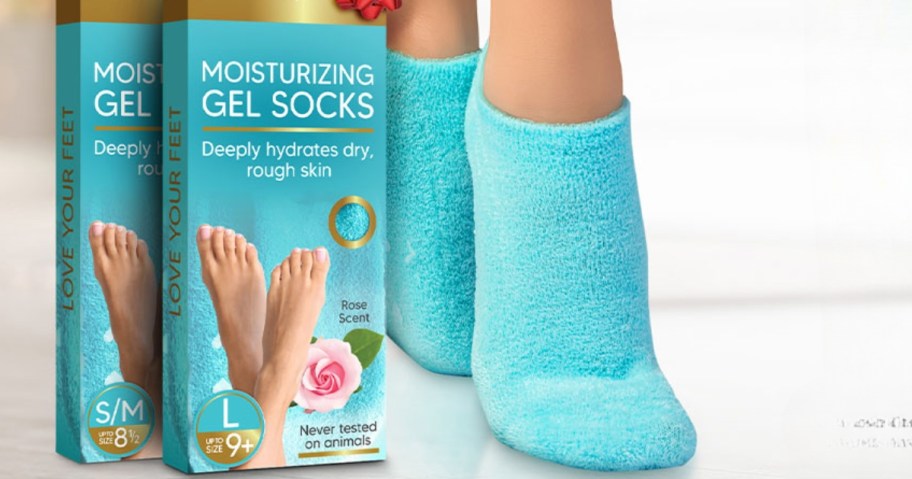 woman wearing moisturizing gel socks in blue