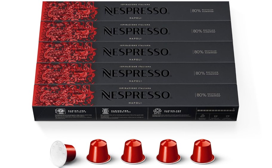 multiple boxes of red Nespresso Pods