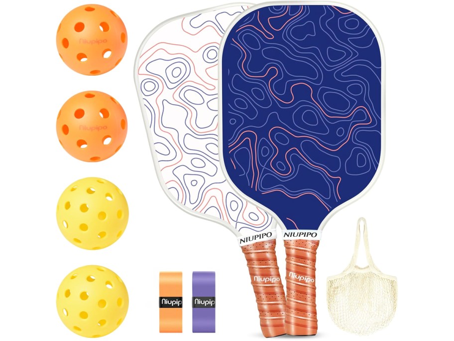 set of pickleball paddles, balls, grip tape, and bag