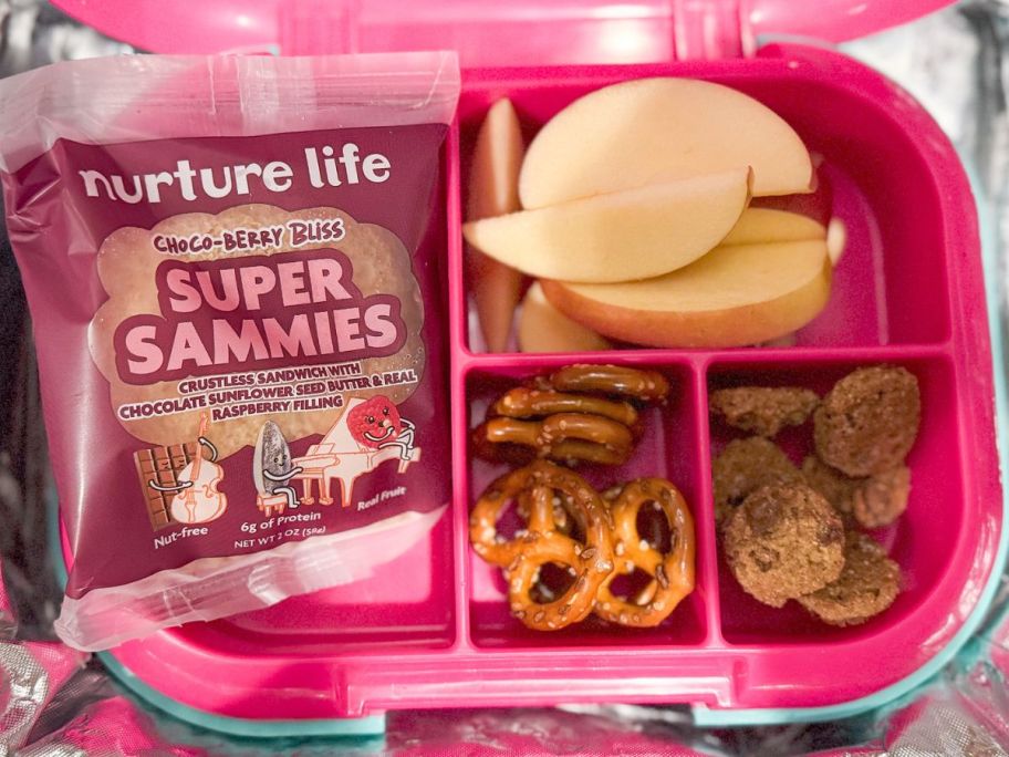 A lunch box with snacks and a Nurture Life Sammie