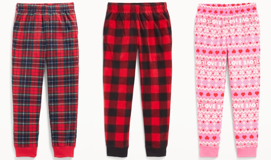 three pairs of printed pajama joggers