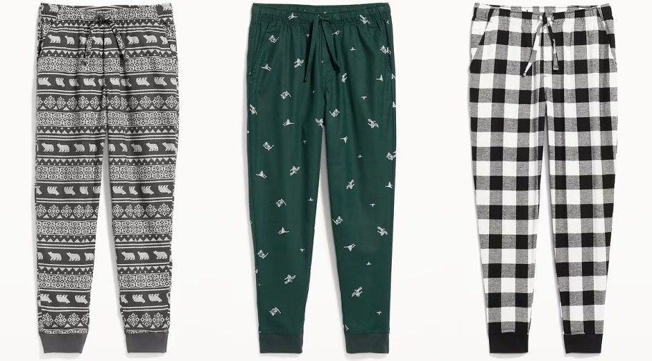 three pairs of printed pajama joggers