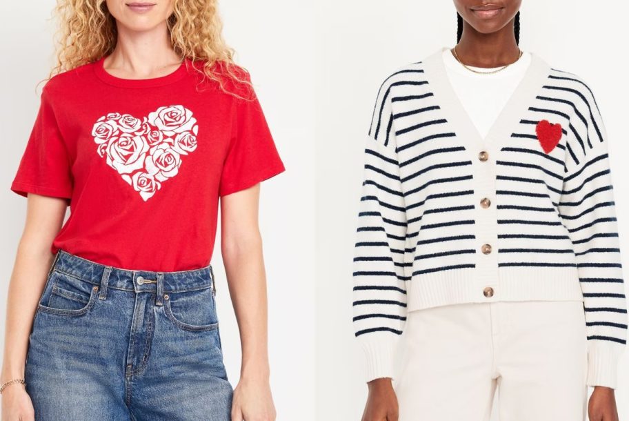 two women wearing Old Navy Valentine's Day tops