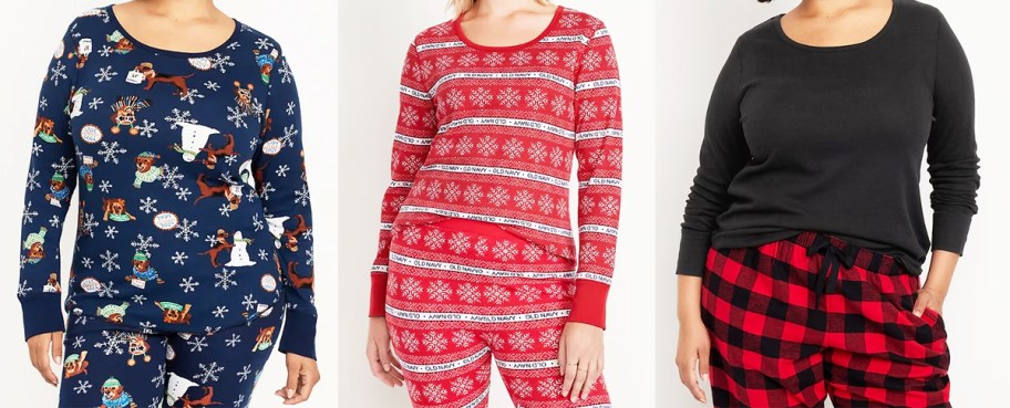 three women in long sleeve waffle pajama tops