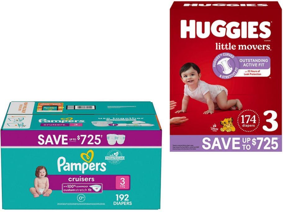 Stock images of Pampers and Huggies diapers from Sam's Club