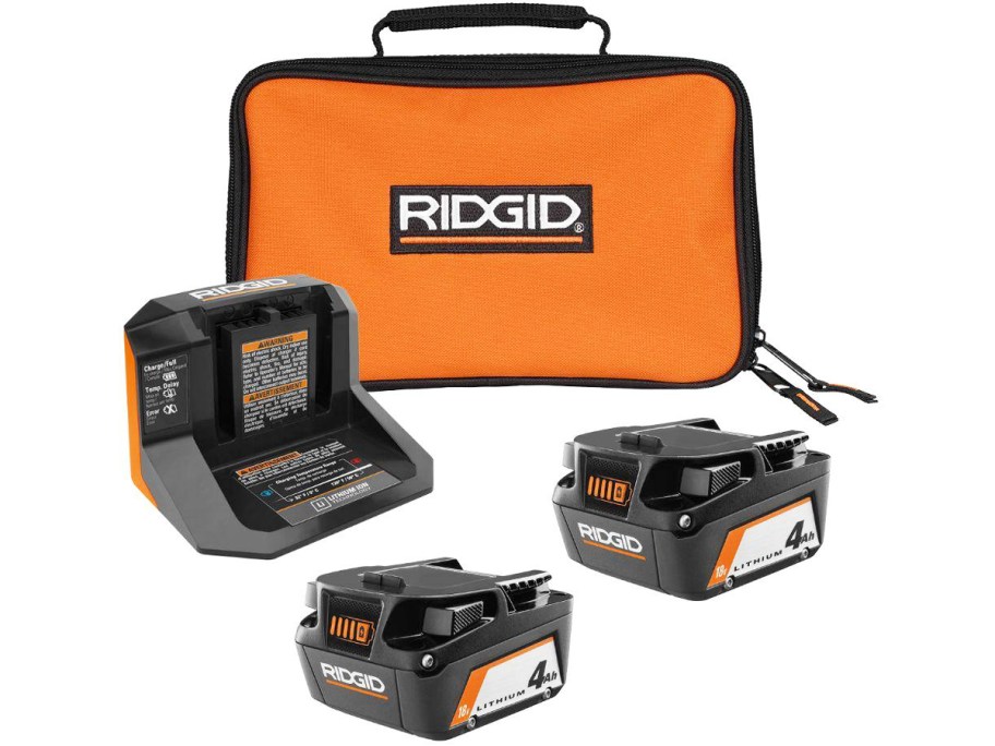 RIDGID batteries, charger, and orange bag