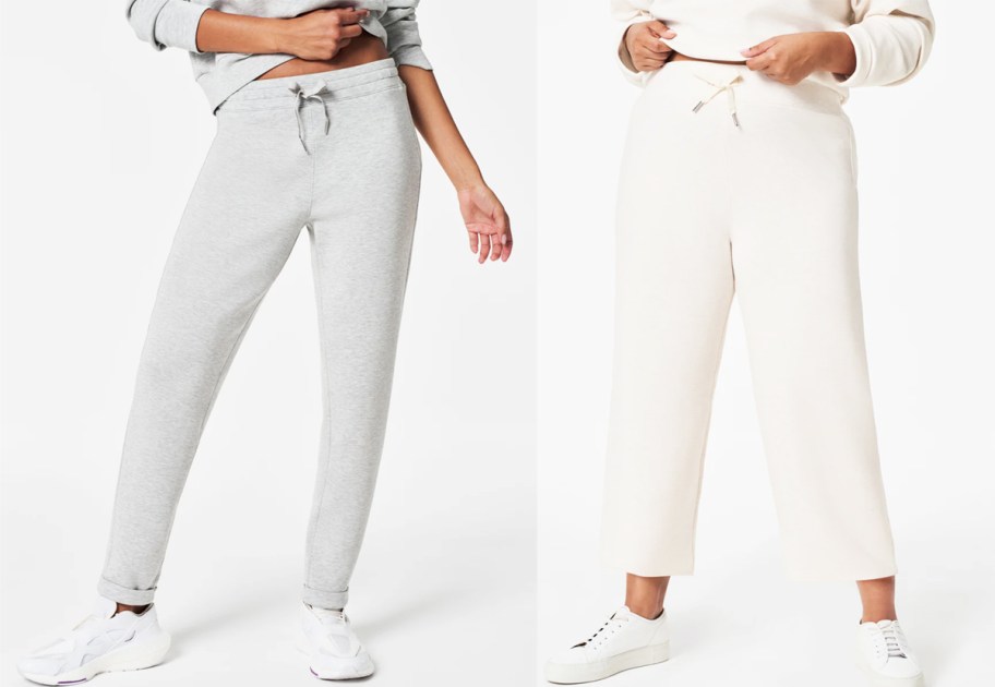 two women in light grey and white sweat pants