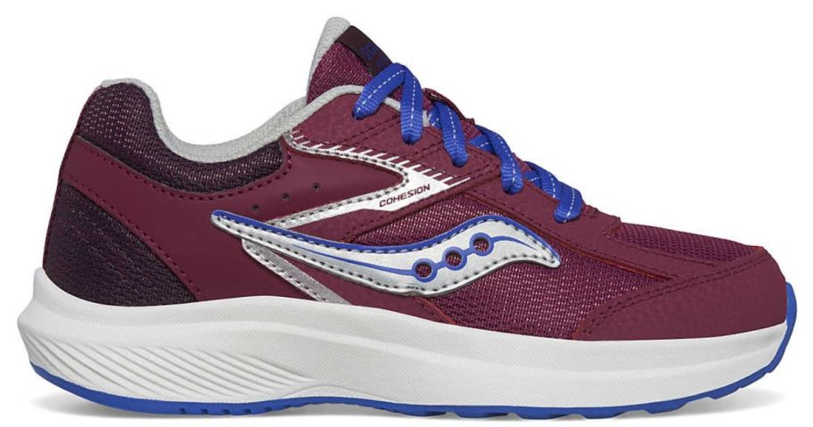 A maroon and silver colored kid's sneaker