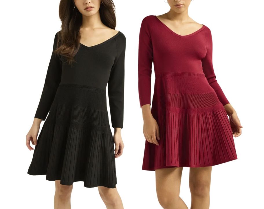 two models in knit mini flare dresses stock image