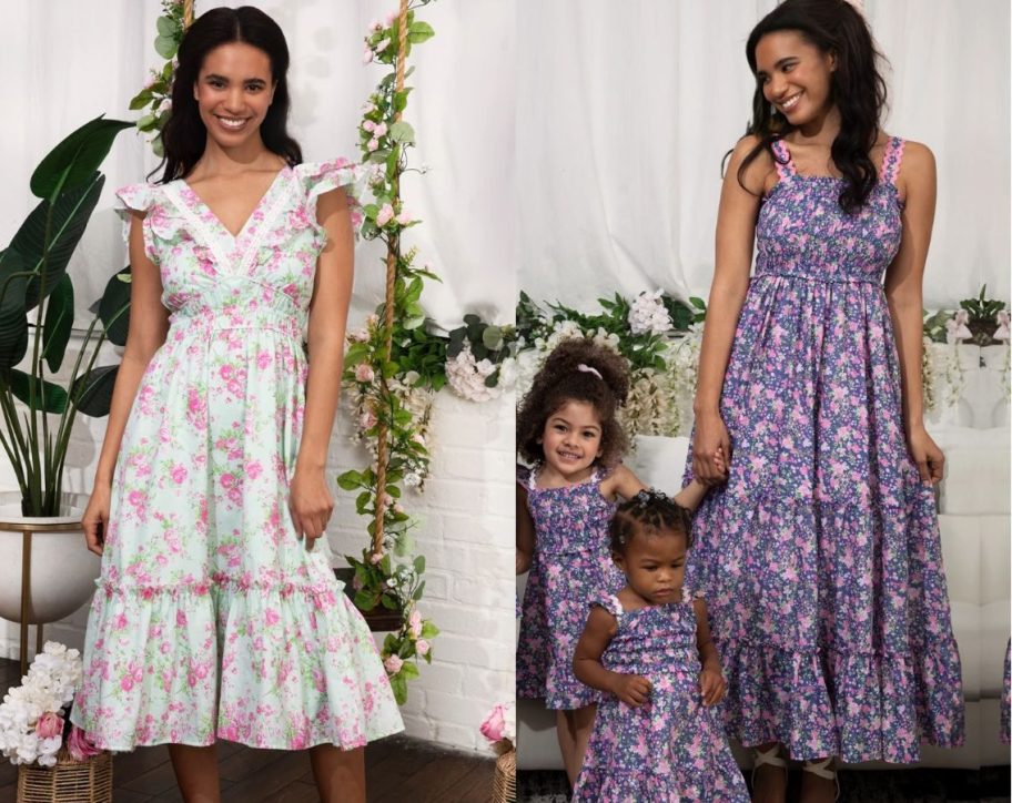 Images of two women and children wearing Shabby Chic Floral Dresses from Walmart