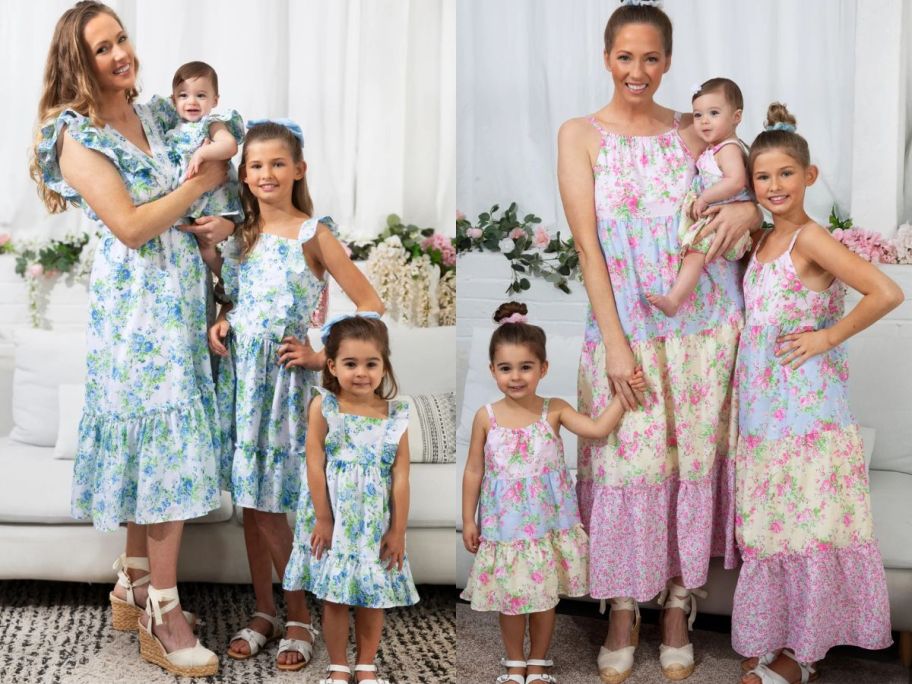 Stock images of two moms with 3 daughters wearing Shabby Chic dresses from Walmart