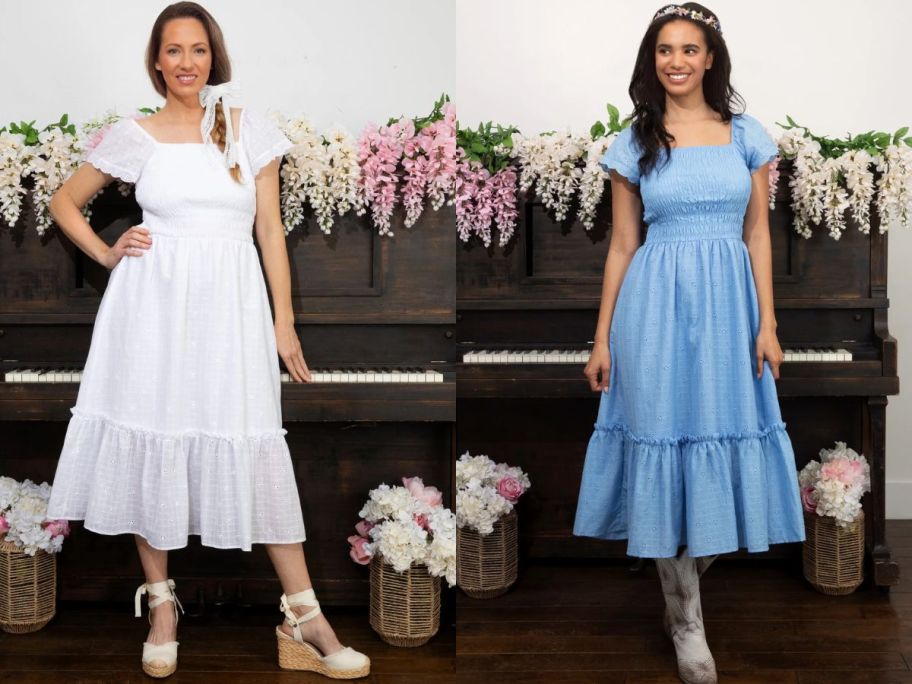 Two women wearing Shabby Chic Eyelet Dresses from Walmart