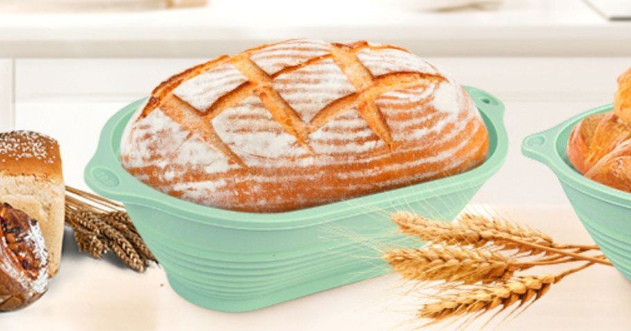 a Silicone Banneton Bread Proofing Basket with sourdough in it