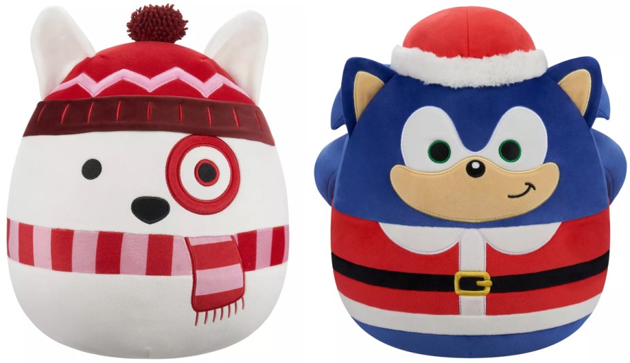 Squishmallows 12in Target Bullseye and Sonic Santa Plushes