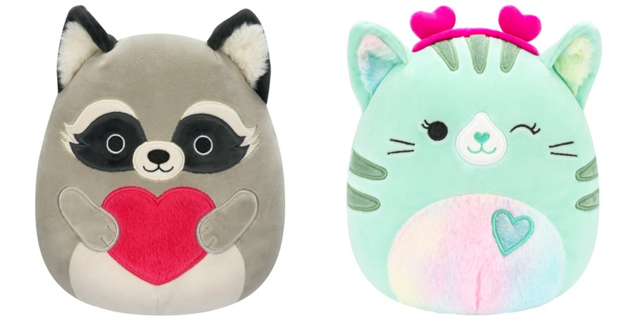 valentines day raccoon and cat squishmallows plush