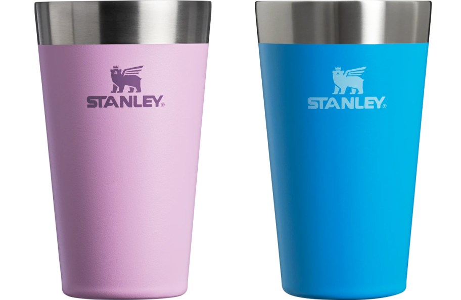 purple and blue stanley beer pints