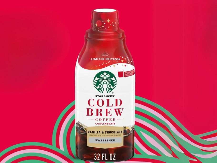 Starbucks Cold Brew Coffee Concentrate in Vanilla & Chocolate 32oz against red and green background