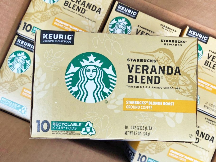 10-count box of Starbucks Veranda Blend K-Cups on top of 5 more boxes