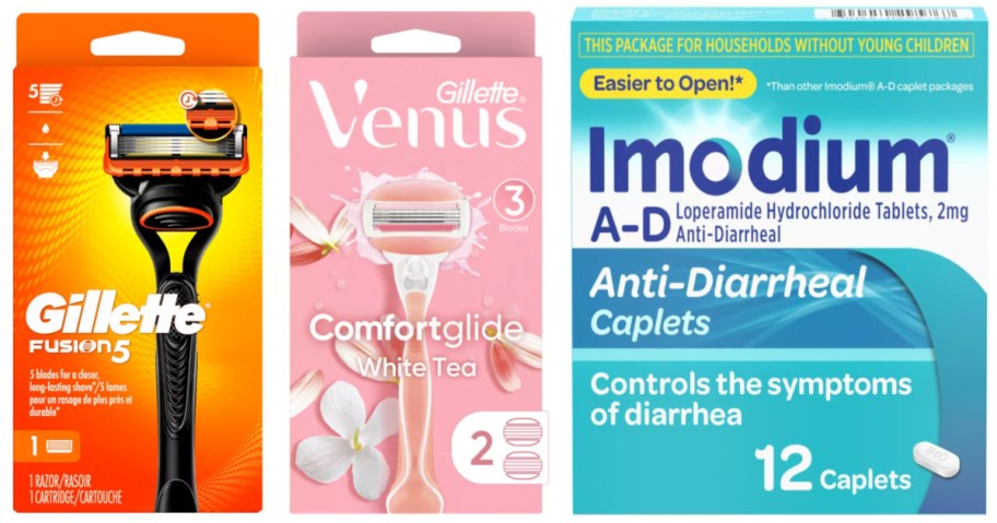 two razors and anti-diarrheal caplets