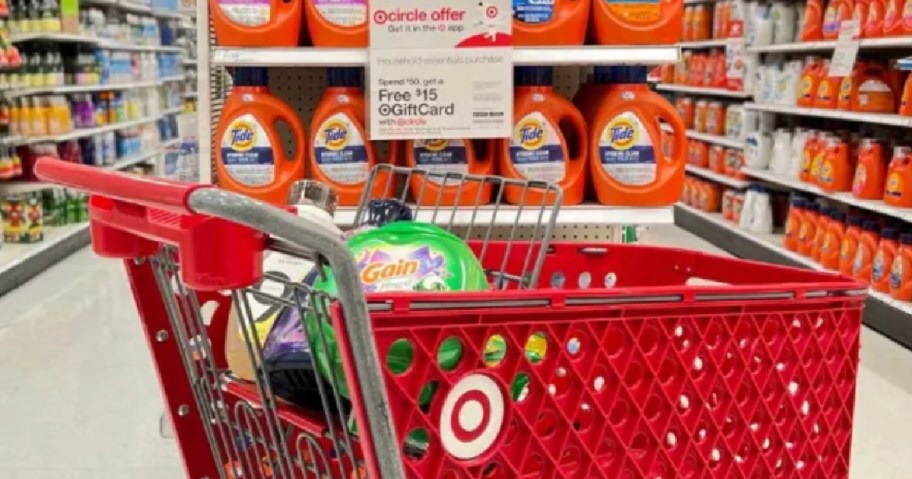 laundry products in red cart