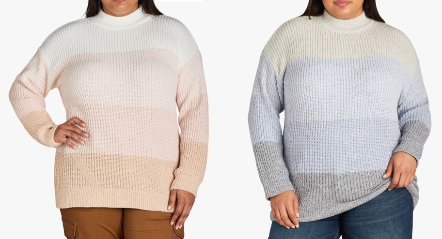 two women in pastel striped sweaters