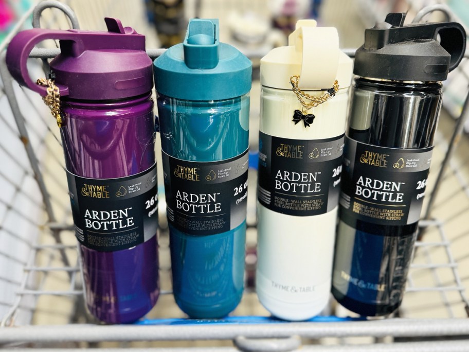 4 colorful stainless steel water bottles in shopping cart