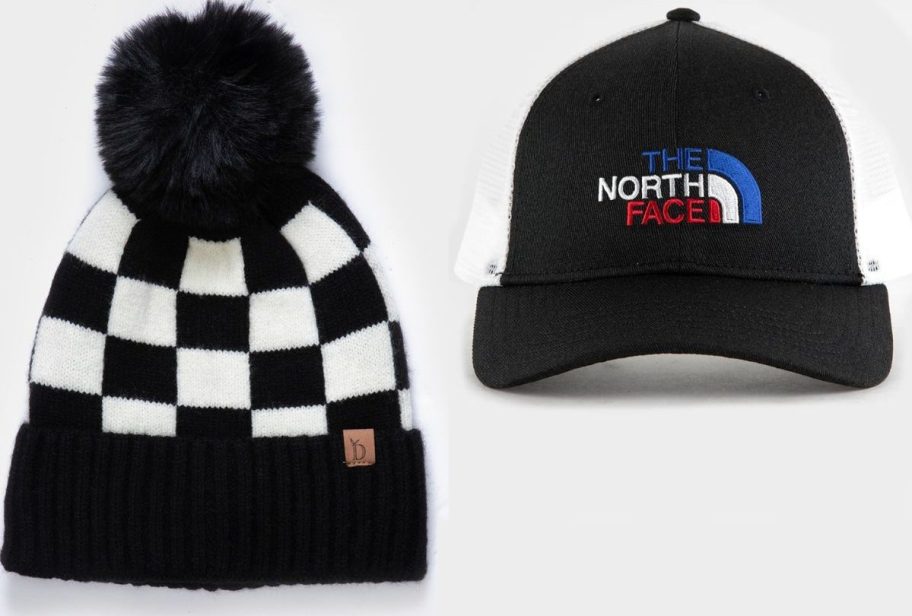 Stock images of a checkered pom pom hat and The North Face hat from Tilly's