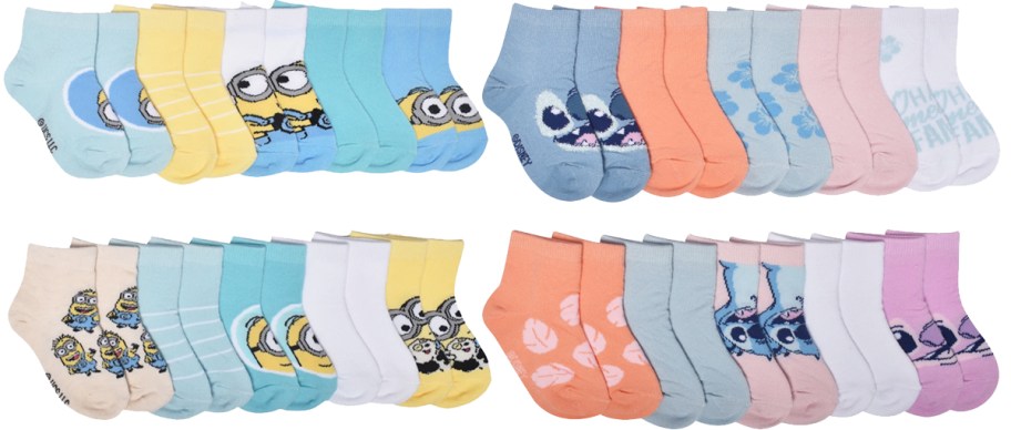 sets of socks in minions and stitch prints