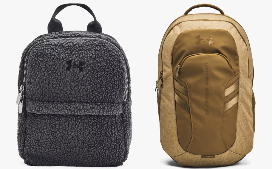 grey sherpa and brown under armour backpacks