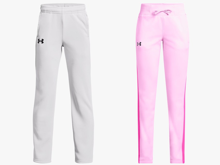 pairs of light grey and pink sweatpants