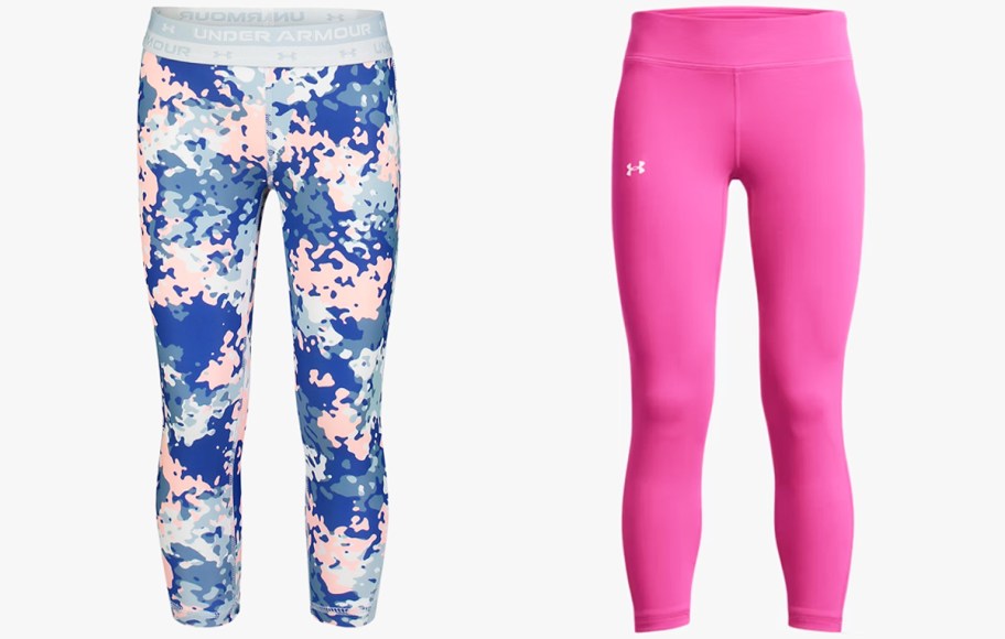 blue/pink camo print and solid pink pairs of leggings