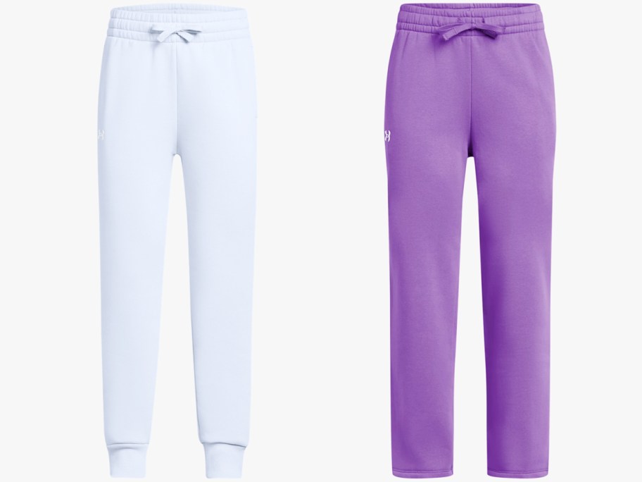 light blue joggers and purple sweatpants