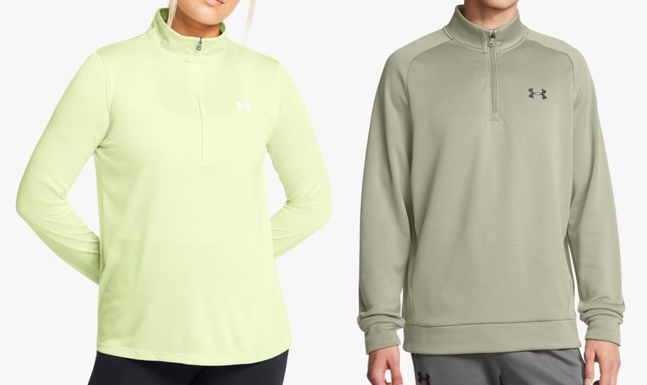 woman in bright green and man in sage green half zip pullovers