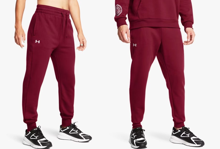 woman and man in matching maroon joggers