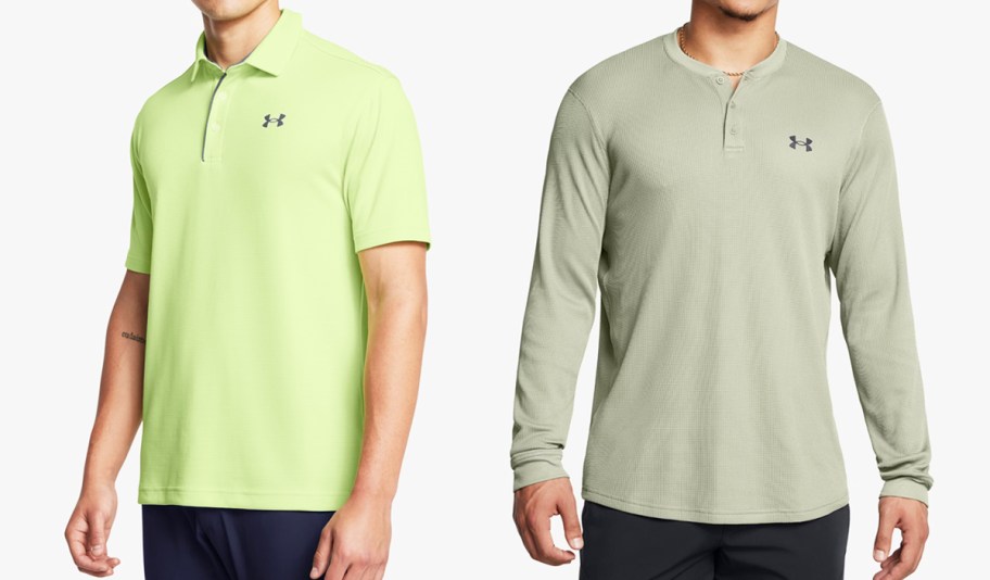 men in bright green polo and sage green henley tops