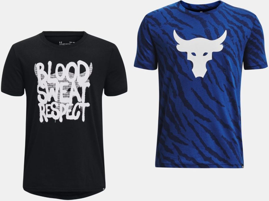 Stock images of two Under Armour Project Rock Boy's Tees.
