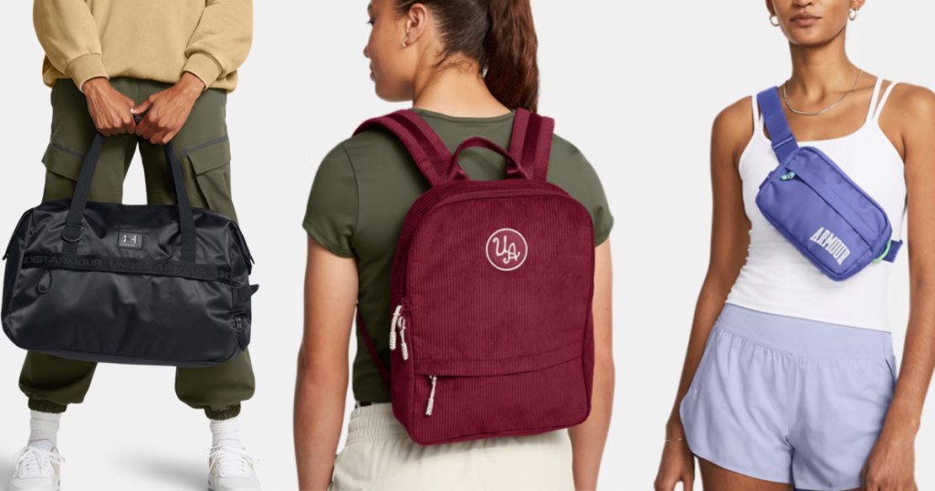 Three different women pictured with under Armour bags or backpacks