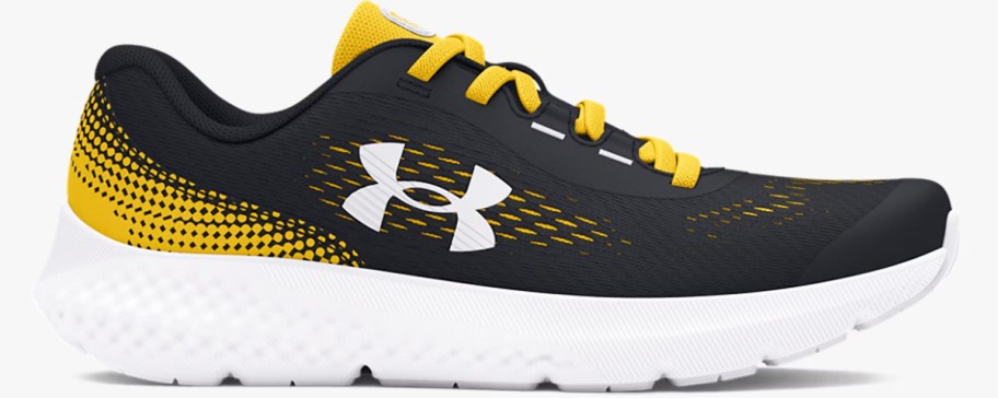 black and yellow running shoe