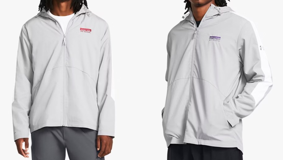 two men in light grey windbreaker jackets