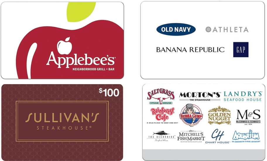 images of Applebees, GAP, Sullivans, and Laundry restraunts gift cards