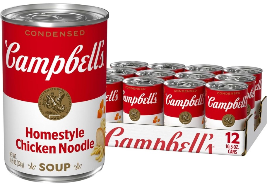 a larger can of Campbell's Homestyle Chicken Noodle Soup with a 12 pack of the cans behind it