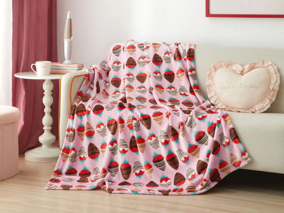 Valentine's Day Throw Blanket - Chocolate Strawberry on couch