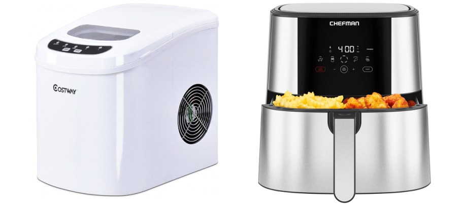 white countertop ice maker and silver air fryer